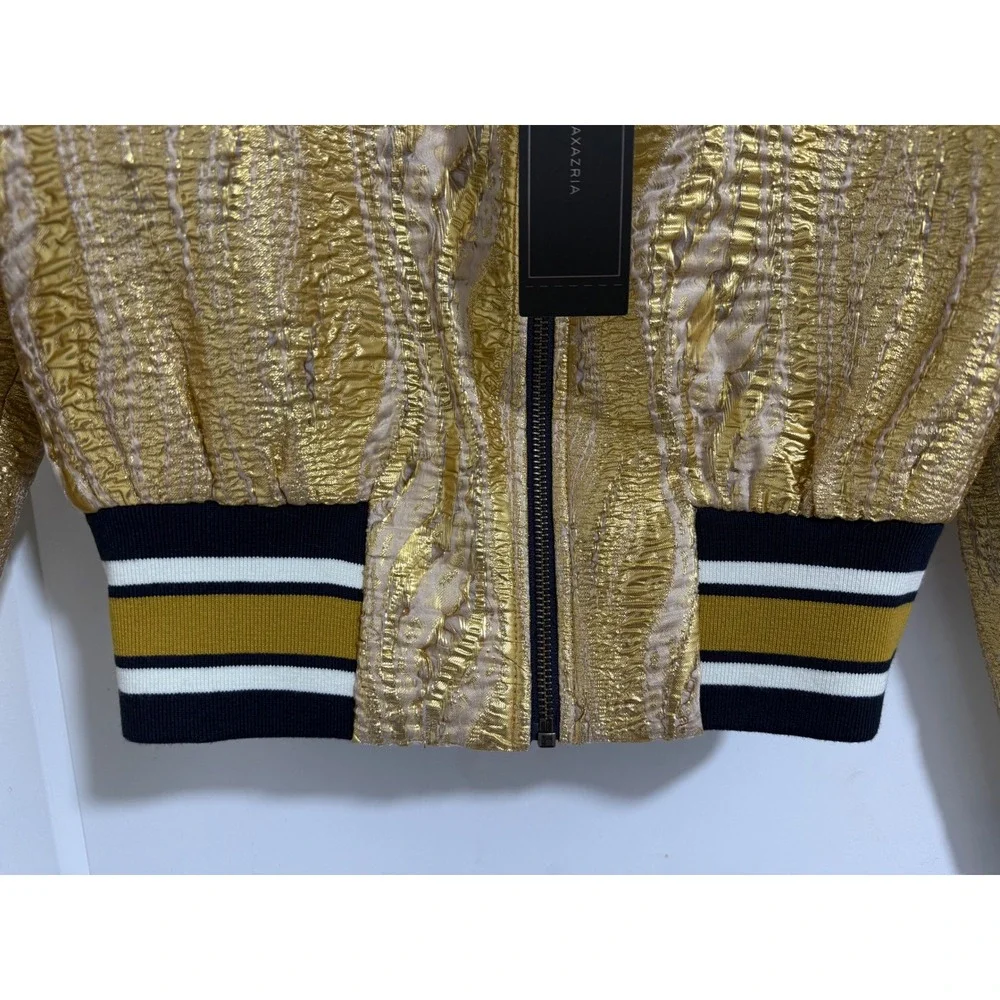 BCBGMAXAZRIA‎ Gold Metallic Bomber Jacket Varsity Striped Collar XXS NWT